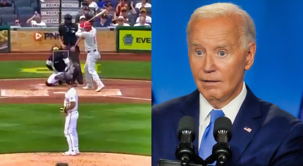 Nick Castellanos batting (left). Joe Biden speaking at event (right).