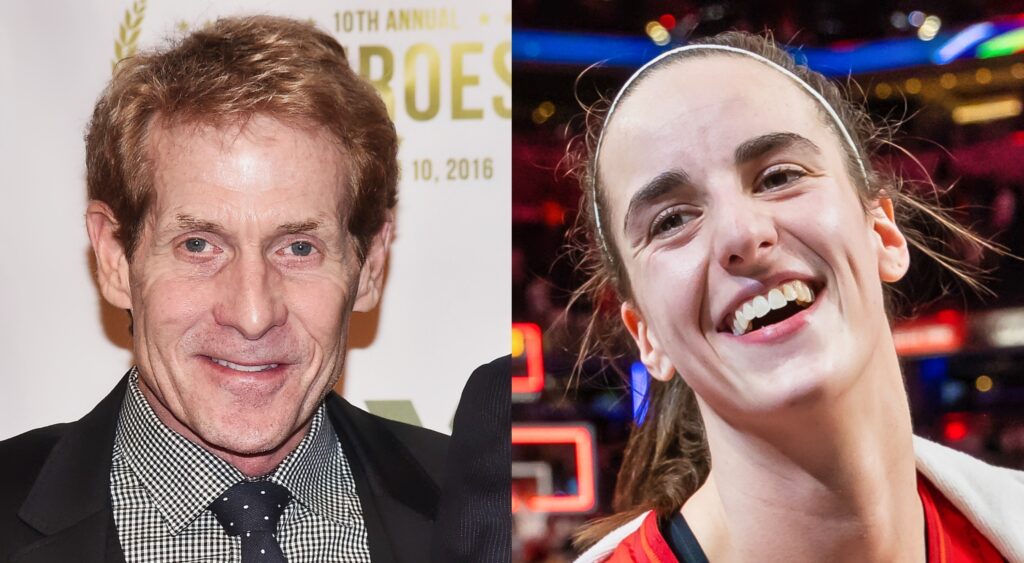 Skip Bayless smiling at event (left). Caitlin Clark reacts after game (right).