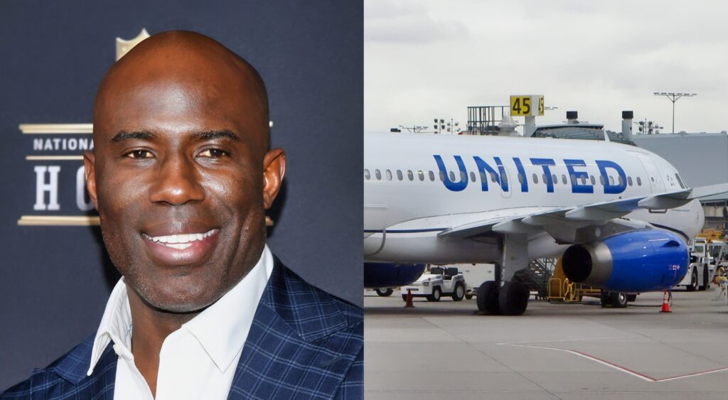 Terrell Davis looking on at NFL event (left). United Airplanes plane shown on ground (right).