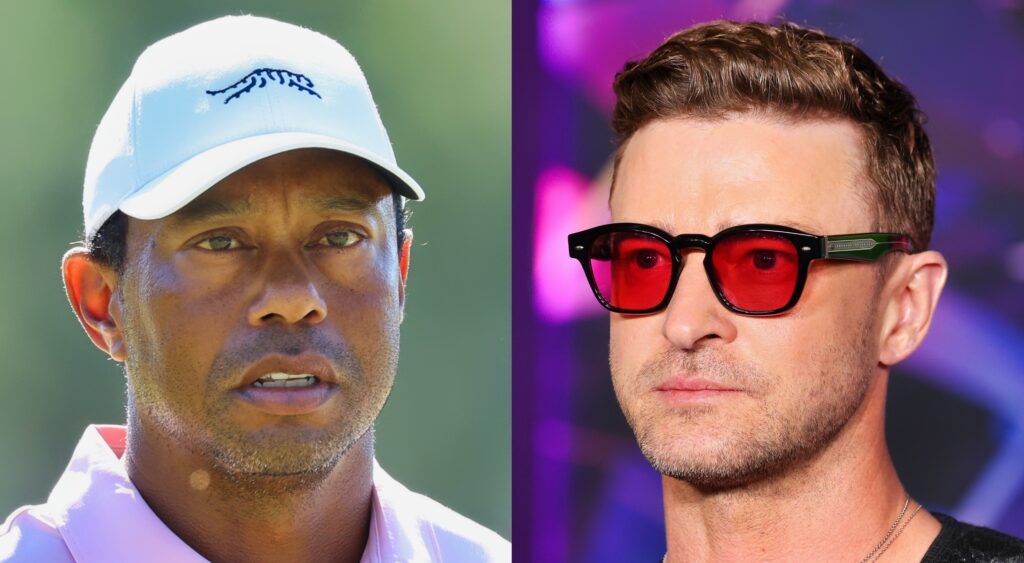 Tiger Woods (left) and Justin Timberlake (right) looking on.