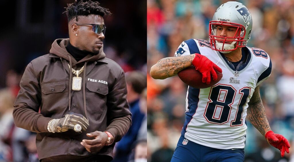 Aaron Hernandez in uniform and Antonio Brown courtside