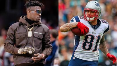 Aaron Hernandez in uniform and Antonio Brown courtside