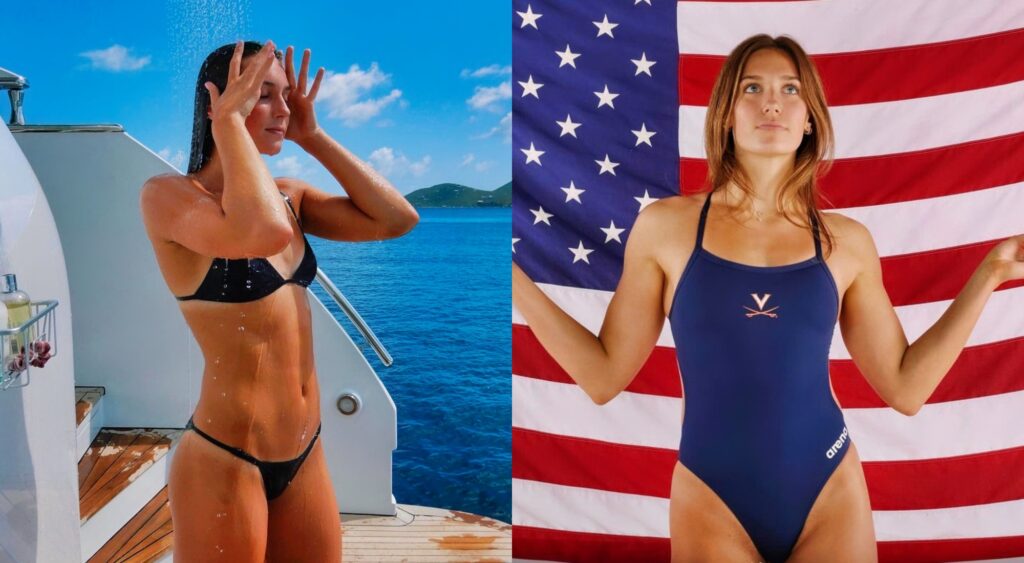 Alex Walsh showering on a boat and posing in front of a USA flag.