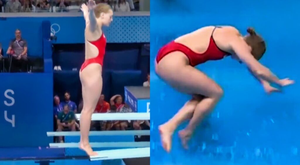 Alison Gibson performs a dive at the Olympics.