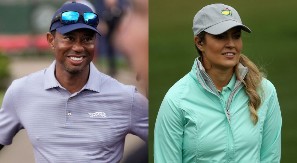 Amanda Balionis on golf course and Tiger Woods on golf course