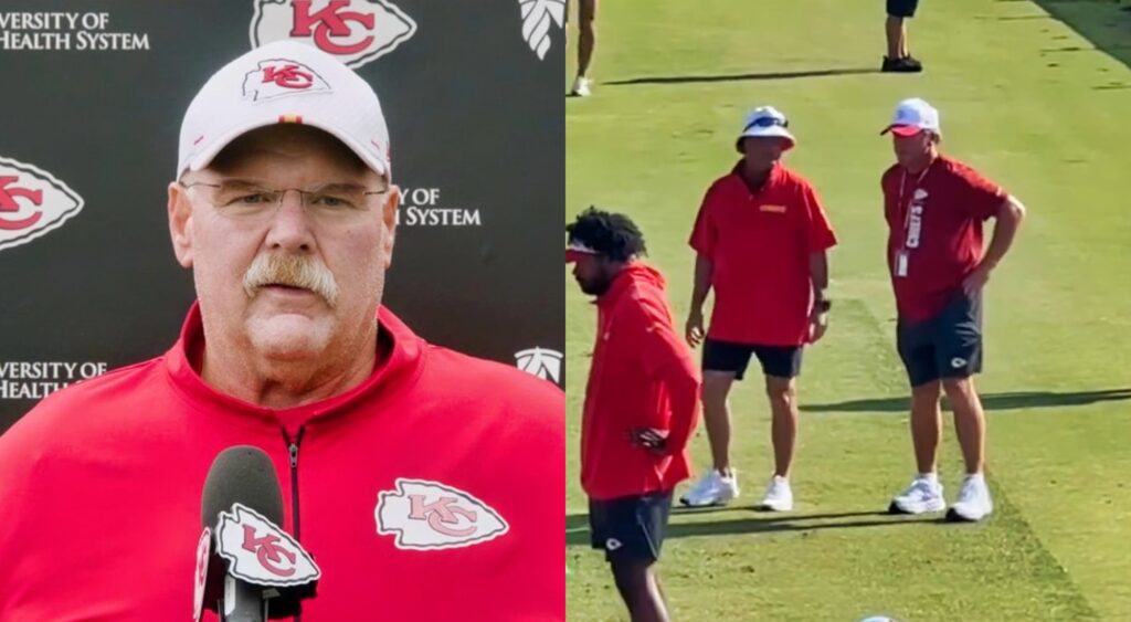 Andy Reid at a press conference and Jon Gruden at Chiefs training camp.