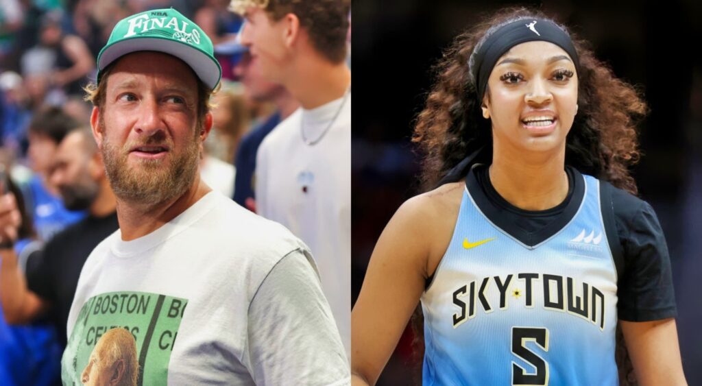 Angel Reese in uniform and Dave Portnoy sitting courtside