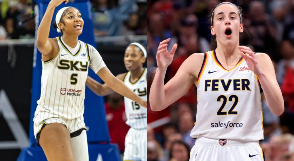 Angel Reese and Caitlin Clark in uniform on the court