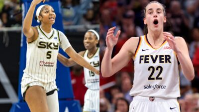 Angel Reese and Caitlin Clark in uniform on the court