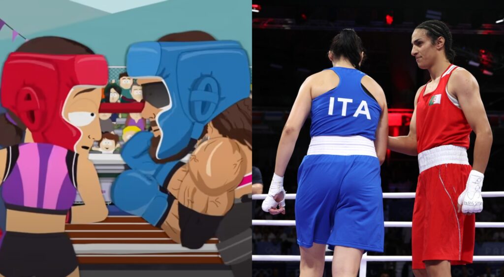 Angela Carini and Imane Khelif in boxing ring and South Park pisode