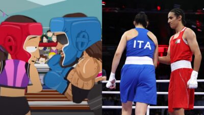 Angela Carini and Imane Khelif in boxing ring and South Park pisode