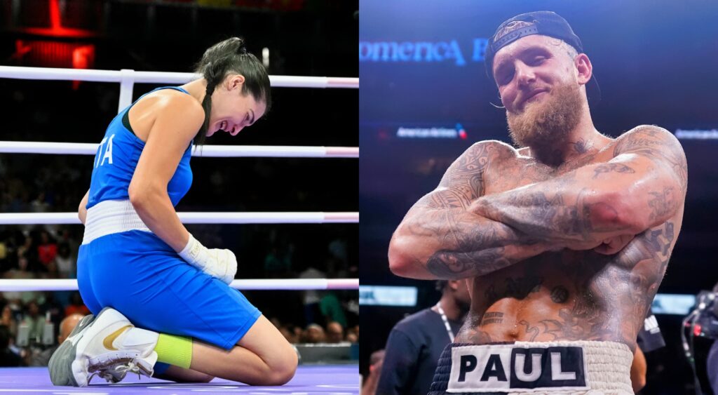 Angela Carini on her knees in the ring and Jake Paul with his arms crossed in the ring.