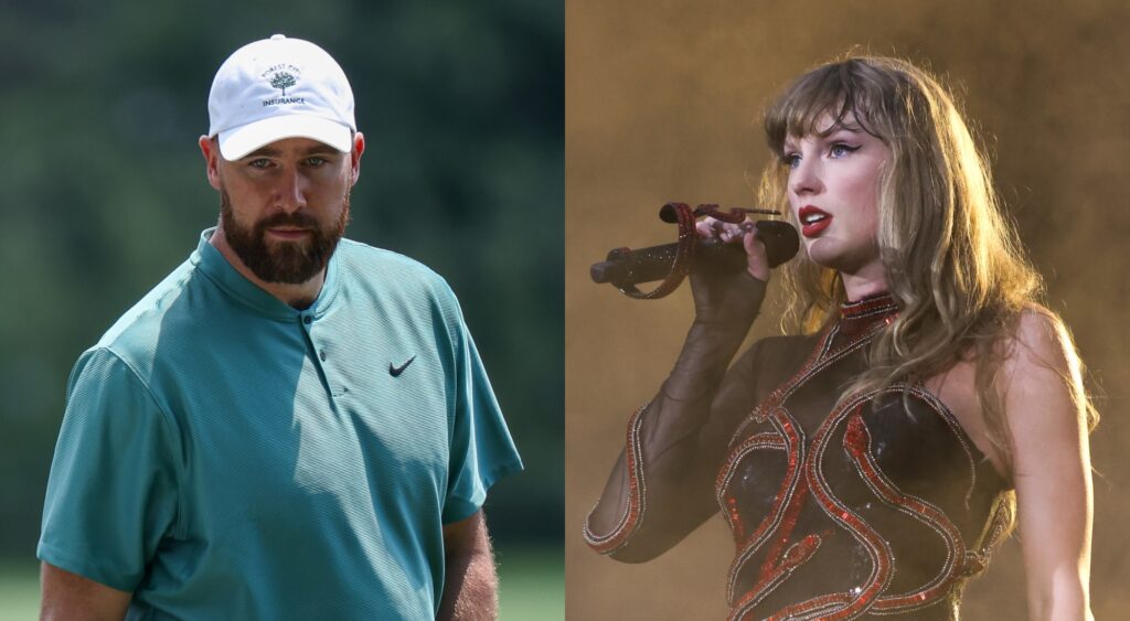 Travis Kelce at a golf tournament and Taylor Swift performing