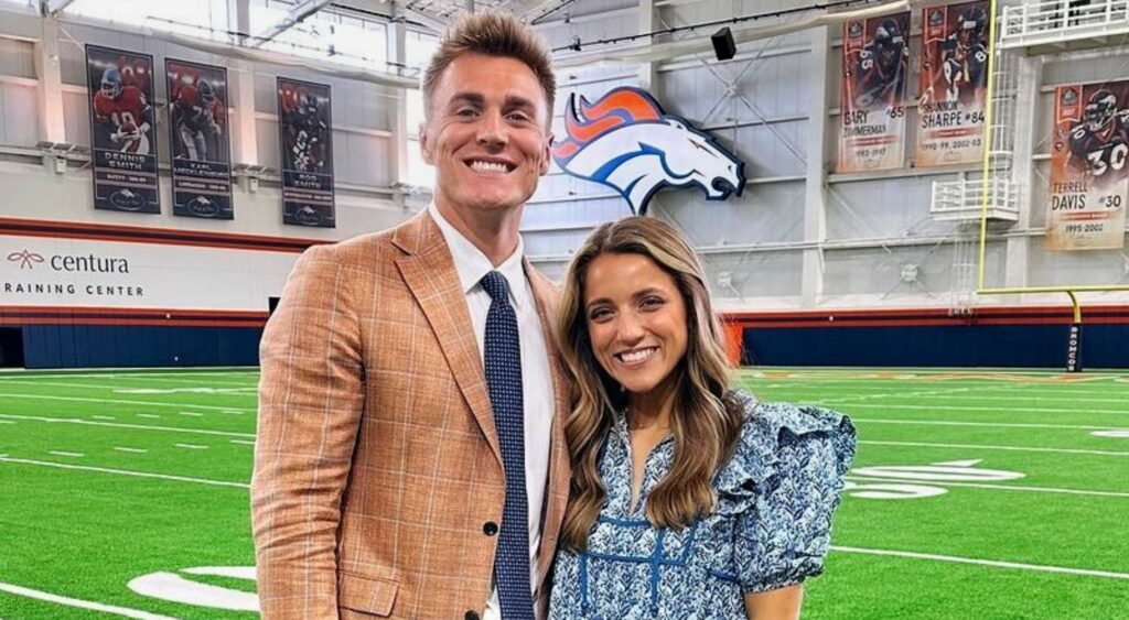 Bo Nix and Izzy Nix posing at Broncos facility