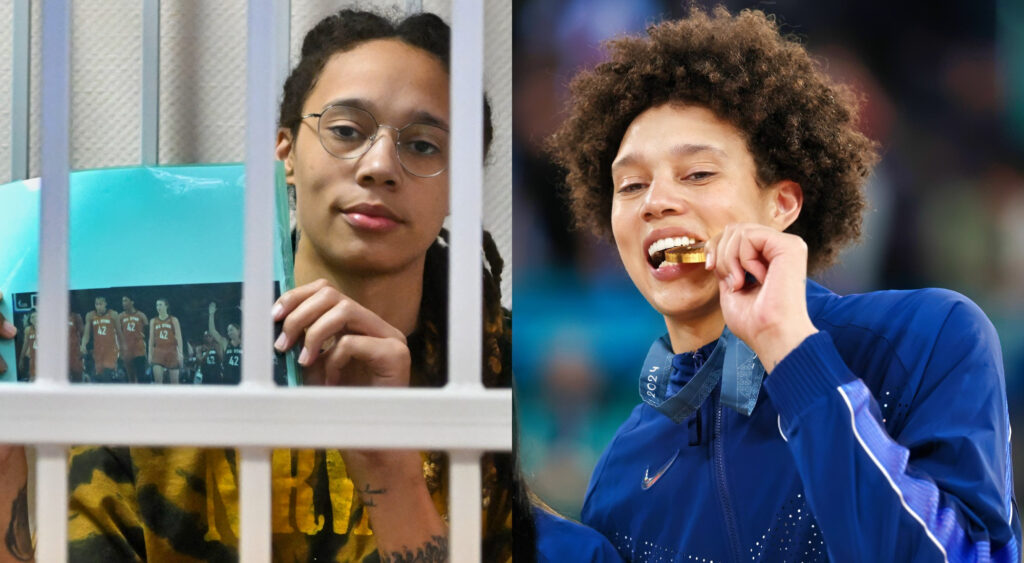 Brittney Griner in jail and holding gold medal.