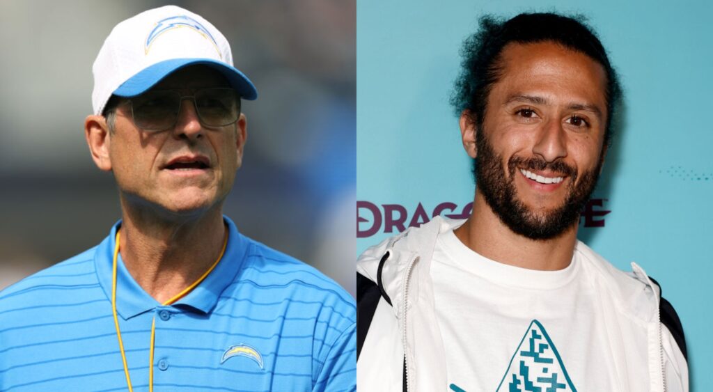 Colin Kaepernick posing in white shirt and Jim Harbaugh in Chargers gear