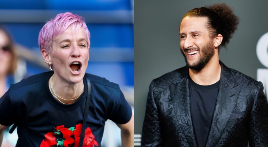 Colin Kaepernick smiling and Megan Rapinoe yelling from stands