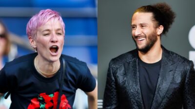 Colin Kaepernick smiling and Megan Rapinoe yelling from stands