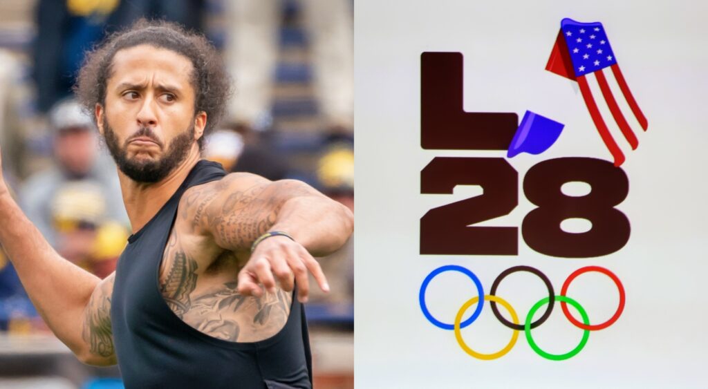 Colin Kaepernick throwing a football and the logo for the 2028 Olympics in Los Angeles