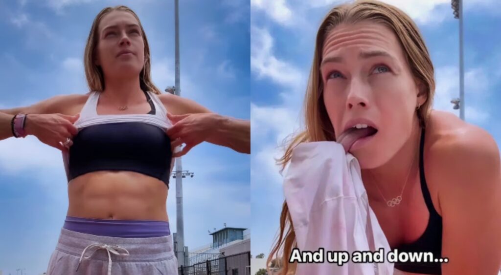 Colleen Quigley pulling off shirt and holding her tongue