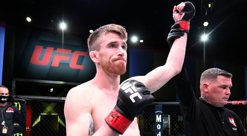 Cory Sandhagen reacts after his knockout victory over Frankie Edgar