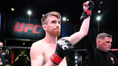 Cory Sandhagen reacts after his knockout victory over Frankie Edgar