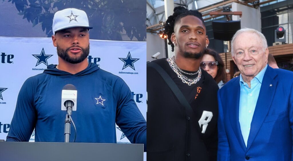 Dak Prescott speaking to the media and Ceedee Lamb posing with Jerry Jones.