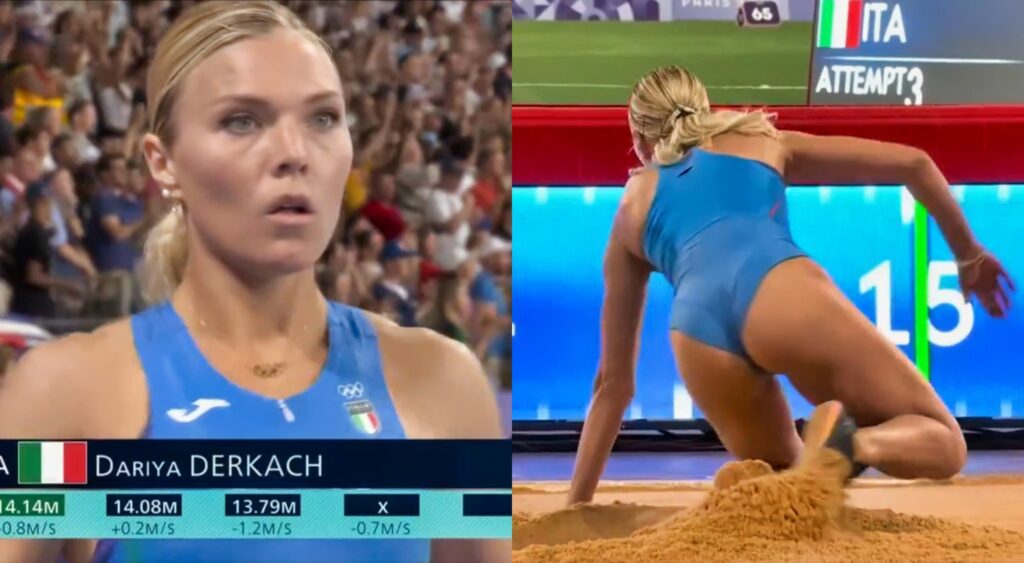 Dariya Derkach during long jump competition at the olympics.