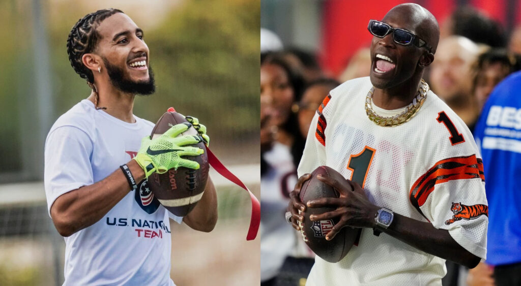 Photos of Darrelle Doucette and Chad Johnson holding footballs