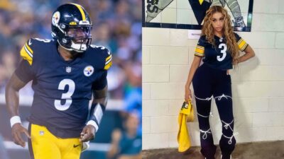 Dwayne Haskins in uniform and Kalabrya Haskins posing n jersey