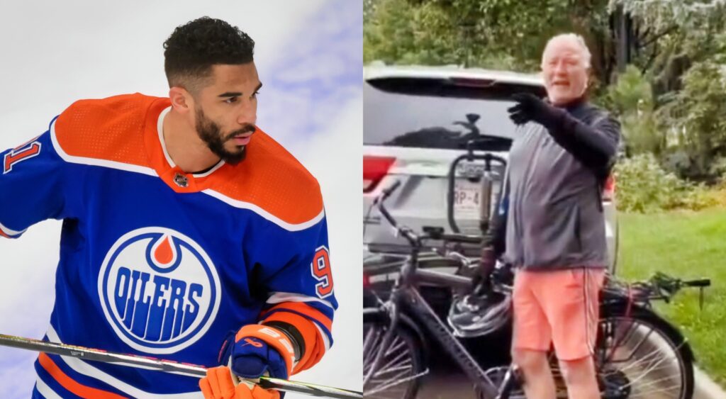 Evander Kane and a man with his bike pointing.