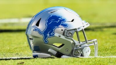 Detroit Lions helmet on ground