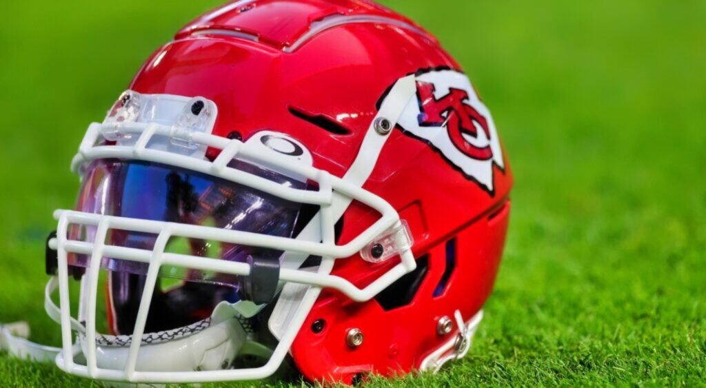 Kansas City Chiefs helmet shown on field. The team released Kadarius Toney and Louis Rees-Zammit.