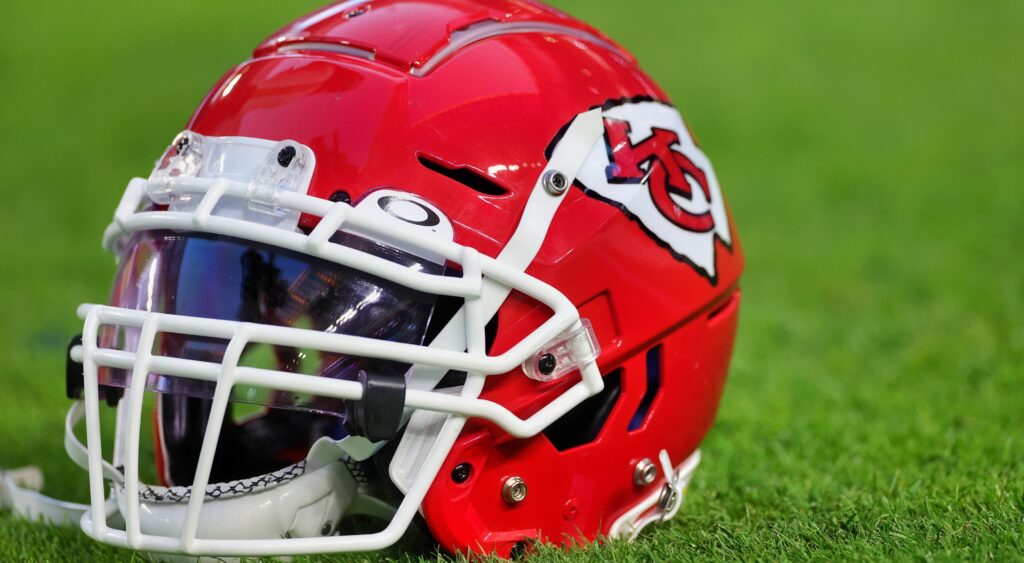 Kansas City Chiefs helmet on the field. Chiefs WR Kadarius Toney is on the verge of getting cut.