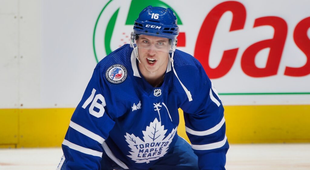 Mitch Marner of Toronto Maple Leafs looking on.