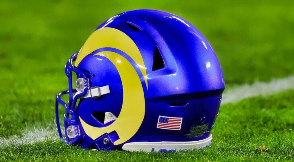 Los Angeles Rams helmet shown on field.