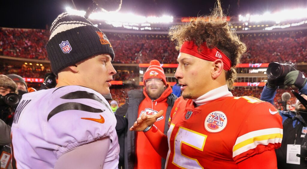 Joe Burrow and Patrick Mahomes talking after game. They're among the top QBs rated for Madden 25.