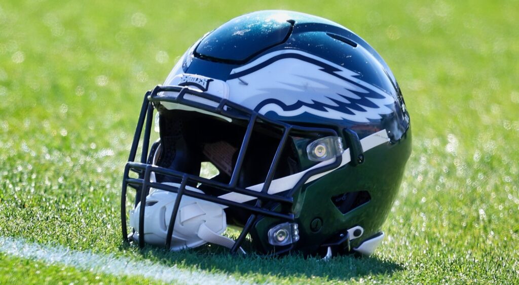 Philadelphia Eagles helmet shown on field. The team may release cornerback James Bradberry.