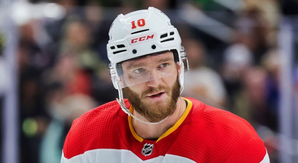 Jonathan Huberdeau of Calgary Flames looking on.