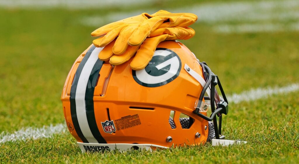 Green Bay Packers helmet shown on field. The team released Jacob Eason on Monday.