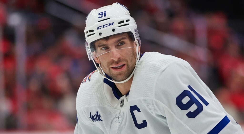 John Tavares of Toronto Maple Leafs looking on.