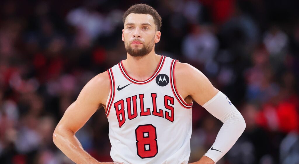 Zach LaVine of Chicago Bulls looking on.