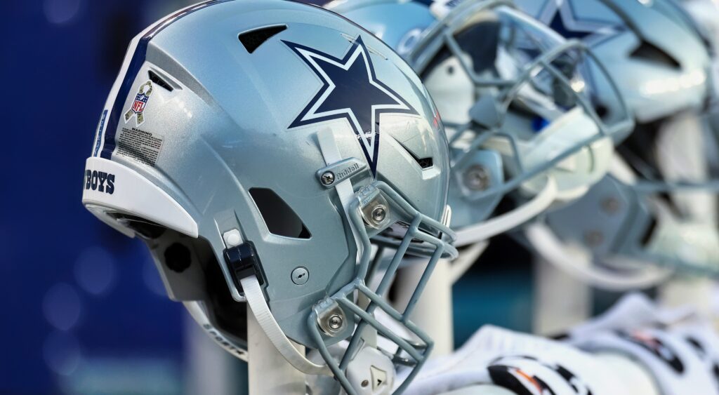 Dallas Cowboys helmet on the bench. Cowboys star player Mazi Smith had to miss a game due to a severe peanut allergy 