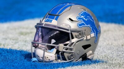 Detroit Lions helmet on ground