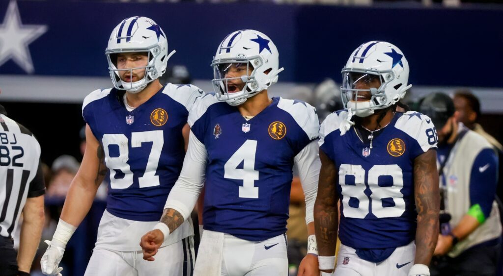 Dallas Cowboys players looking on during game.