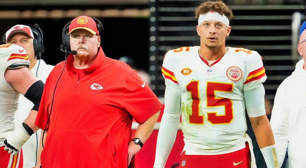 Andy Reid and Patrick Mahomes look on. The Chiefs are expected to cut Kadarius Toney