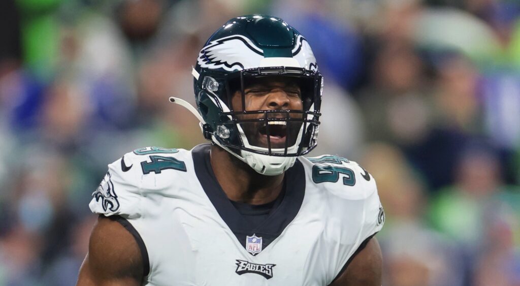 Josh Sweat of Philadelphia Eagles reacts during game.