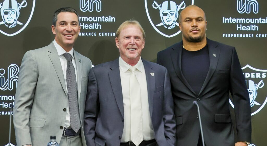 Tom Telesco, Mark Davis and Antonio Pierce of Las Vegas Raiders at event.