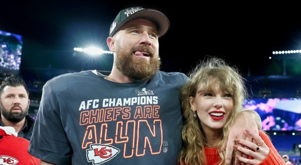 Travis Kelce and Taylor Swift react after AFC Championship Game.