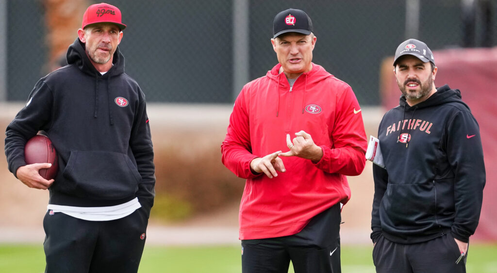 Kyle Shanahan, John Lynch, and Patrick Hagedorn of the San Francisco 49ers